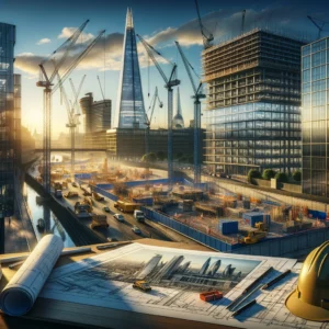 Illustration of a modern construction site with cranes, skyscrapers, and architectural blueprints, representing comprehensive structural design and construction services by PF & Co Construction Ltd.